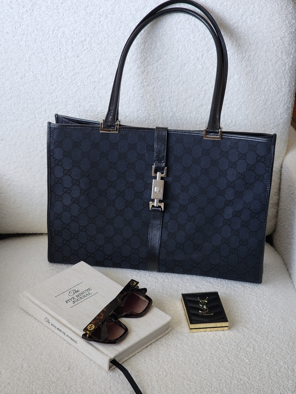 Vintage Gucci Monogram Jackie Bardot Large Black Tote Archival Tom Ford Y2K Era - Picture 11 of 11